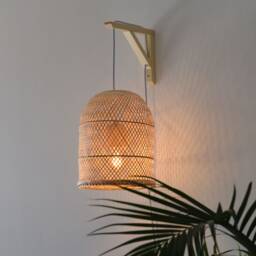 Plug in Wall Mount Lamp Pendant - Bamboo Sconce Style with Switch Wood Boho Lampshade Outlet Aspen Bracket Hanging Natural Woven - thumbnail 2