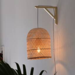 Plug in Wall Mount Lamp Pendant - Bamboo Sconce Style with Switch Wood Boho Lampshade Outlet Aspen Bracket Hanging Natural Woven - thumbnail 3
