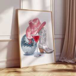 Yeehaw Cowgirl Poster Print, Disco Western Wall Art, Pink Hat & Boot Decor, Glam Cocktail Fun Country Girl Room Print - thumbnail 3