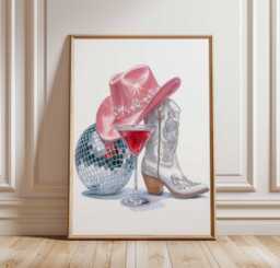 Yeehaw Cowgirl Poster Print, Disco Western Wall Art, Pink Hat & Boot Decor, Glam Cocktail Fun Country Girl Room Print - thumbnail 1