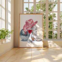 Yeehaw Cowgirl Poster Print, Disco Western Wall Art, Pink Hat & Boot Decor, Glam Cocktail Fun Country Girl Room Print - thumbnail 2