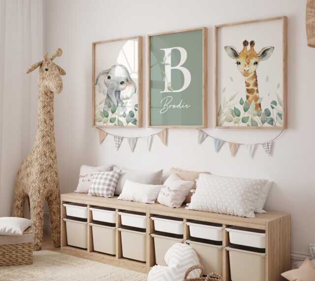 Safari Animal Nursery Prints Sage Green Kids Bedroom Wall Art, Set Of 3 - image 1
