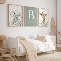 Safari Animal Nursery Prints Sage Green Kids Bedroom Wall Art, Set Of 3 - thumbnail 2