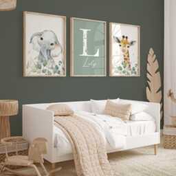 Safari Animal Nursery Prints Sage Green Kids Bedroom Wall Art, Set Of 3 - thumbnail 3
