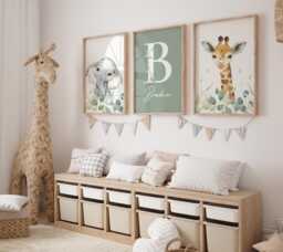 Safari Animal Nursery Prints Sage Green Kids Bedroom Wall Art, Set Of 3 - thumbnail 1