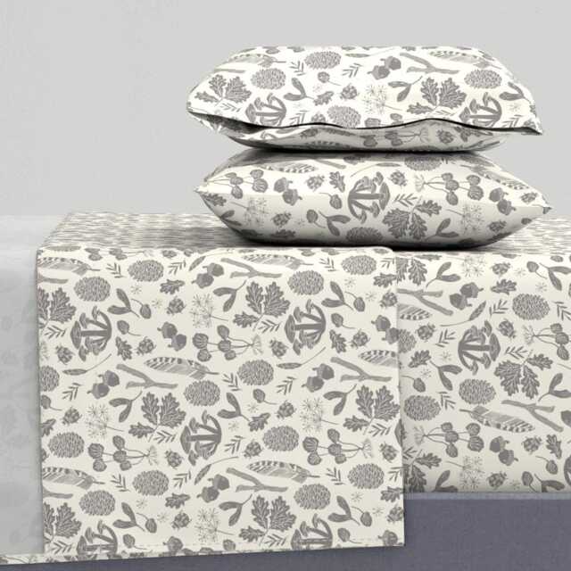 Acorns & Leaves Sheets - Grey Cream By Andrea_Lauren Autumn Fall Block Print Cotton Sateen Sheet Set Bedding Spoonflower - image 1