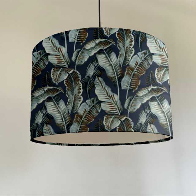 Navy Leaves Velvet Drum Lampshade, Tropical Ceiling Light Shade - image 1