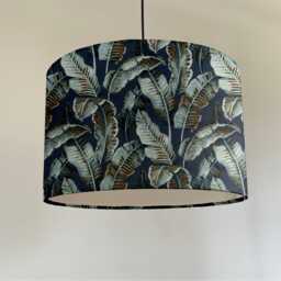 Navy Leaves Velvet Drum Lampshade, Tropical Ceiling Light Shade