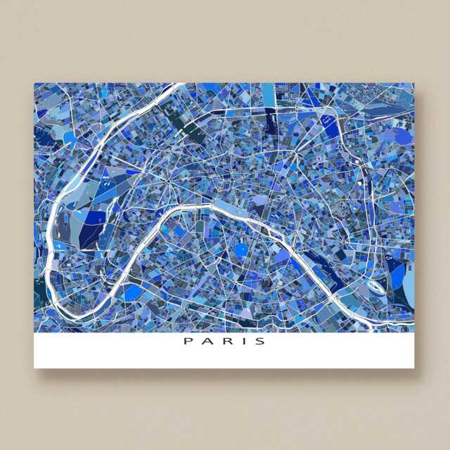 Paris Map Print, Blue Geometric City Streets Wall Art Poster, France - image 1