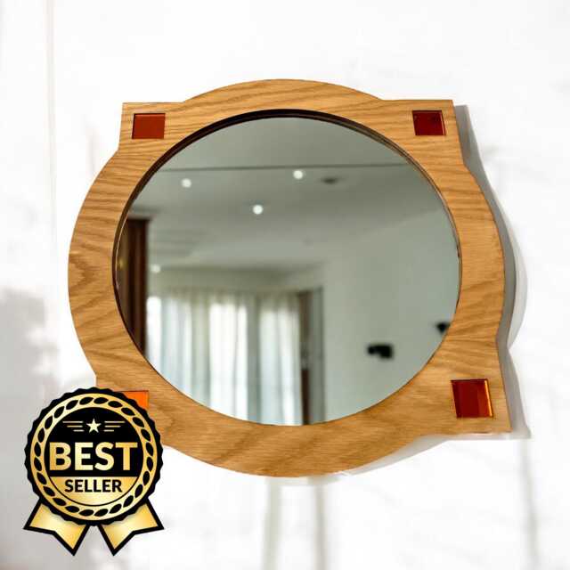 Deco Round Acrylic Mirror Oak Veneer Frame, Custom Sizes - image 1