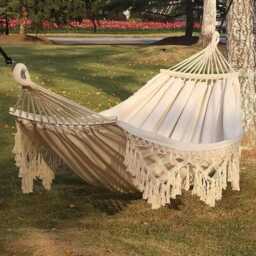 Boho Tassel Hammock - Handmade Woven Canvas Swing - Portable Folding For Outdoor & Indoor Relaxation - thumbnail 1