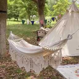 Boho Tassel Hammock - Handmade Woven Canvas Swing - Portable Folding For Outdoor & Indoor Relaxation - thumbnail 2