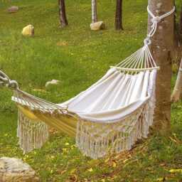 Boho Tassel Hammock - Handmade Woven Canvas Swing - Portable Folding For Outdoor & Indoor Relaxation - thumbnail 3