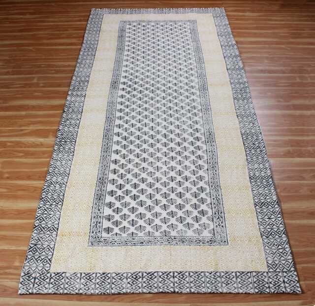 Block Printed Cotton Stair Runner Rug, Yellow & Black Boho Kilim - 3x10 Ft - image 1