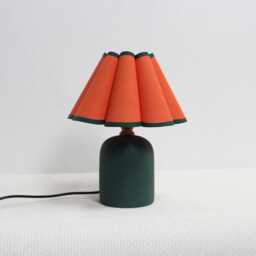 Handmade Scallop Fabric Table Lamp Orange Shade, Dark Green Ceramic Base
