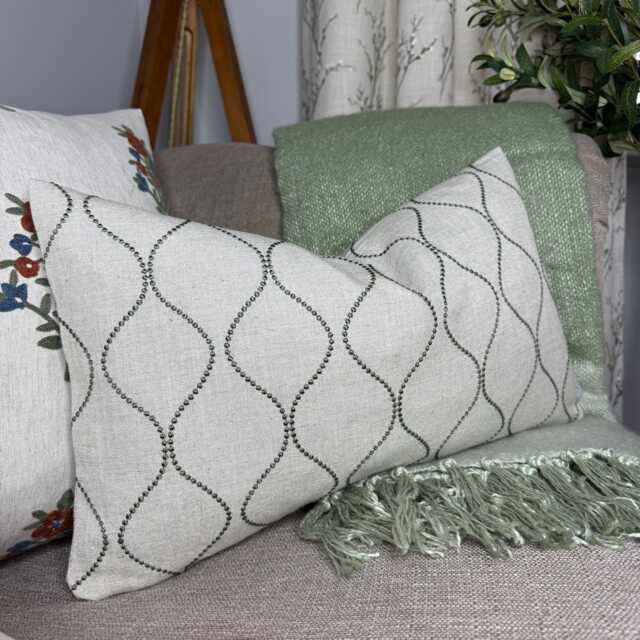 "Ogee Embroidered Cushion Cover, Beige Green Pillow Throw Pillow, Ellewood Knot John Lewis Furnishing Fabric, 12""x20" - image 1