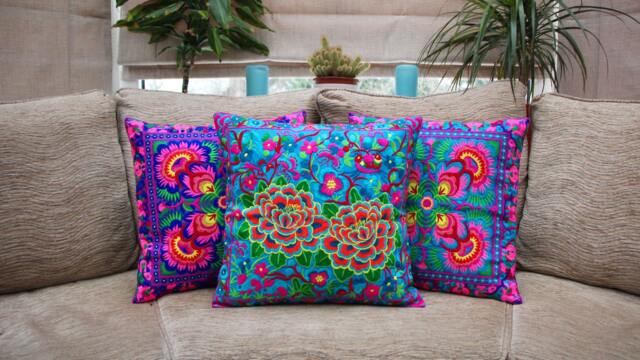 Embroidered Cushion Cover, Hmong Cushion, Colourful Thai Boho Bohemian Throw Pillow, Decor - image 1