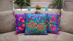 Embroidered Cushion Cover, Hmong Cushion, Colourful Thai Boho Bohemian Throw Pillow, Decor - thumbnail 1