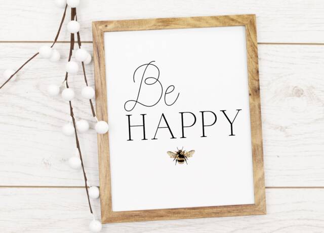 Bee Happy Print - Bumble Bee Black & White Simple Print Typography Home Gift