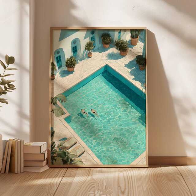 Swimming Poster, Retro Print, Beachy Wall Art, Blue Summer Ocean Dopamine Decor, Beach Coastal Decor - image 1