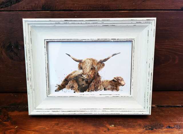 Highland Cow Print 17x12cm - White Rustic Frame - Scottish Cattle Wall Art, Gift For Nature Lovers - image 1