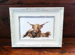 Highland Cow Print 17x12cm - White Rustic Frame - Scottish Cattle Wall Art, Gift For Nature Lovers - thumbnail 1