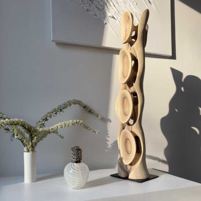 Tall Walnut Wood Sculpture - Hand Carved Organic Abstract Art Statement Interior Decor Ivory Flow - image 1