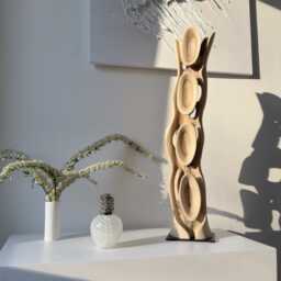 Tall Walnut Wood Sculpture - Hand Carved Organic Abstract Art Statement Interior Decor Ivory Flow - thumbnail 2