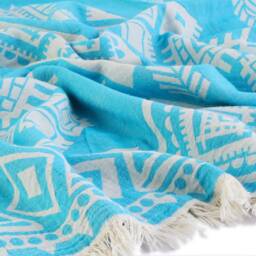 Emerald - Aqua Blue Ethnic Turkish Cotton Beach Towel, Personalized Bridesmaid Gift, Wedding Sarong, Handwoven Double Sided - thumbnail 2