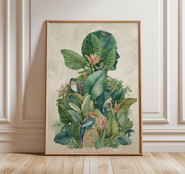 Tropical Man Silhouette Art Print, Botanical Collage Poster, Exotic Jungle Wall Art, Nature & Bird Illustration, Elegant Home Decor - image 1
