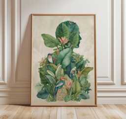 Tropical Man Silhouette Art Print, Botanical Collage Poster, Exotic Jungle Wall Art, Nature & Bird Illustration, Elegant Home Decor - thumbnail 1