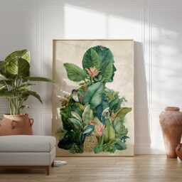 Tropical Man Silhouette Art Print, Botanical Collage Poster, Exotic Jungle Wall Art, Nature & Bird Illustration, Elegant Home Decor - thumbnail 3