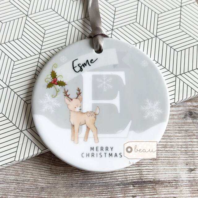Personalised Name Merry Christmas Gift Boy Girl Newborn Deer Snowflake Design Ceramic Or Acrylic Round Ornament Tree Keepsake - image 1