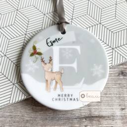 Personalised Name Merry Christmas Gift Boy Girl Newborn Deer Snowflake Design Ceramic Or Acrylic Round Ornament Tree Keepsake - thumbnail 1