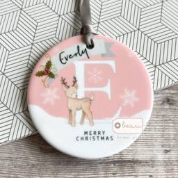 Personalised Name Merry Christmas Gift Boy Girl Newborn Deer Snowflake Design Ceramic Or Acrylic Round Ornament Tree Keepsake - thumbnail 2