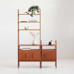 Small Library Wall Unit Set, Tall Bookcase 74 cm With Open Cabinet & Low 51 cm, Mid Century Modern, Handmade