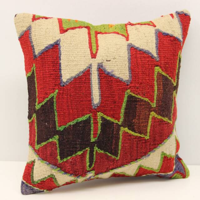 Vintage Turkish Kilim Pillow Cover, Art Deco Accent - 14x14 Inch - image 1