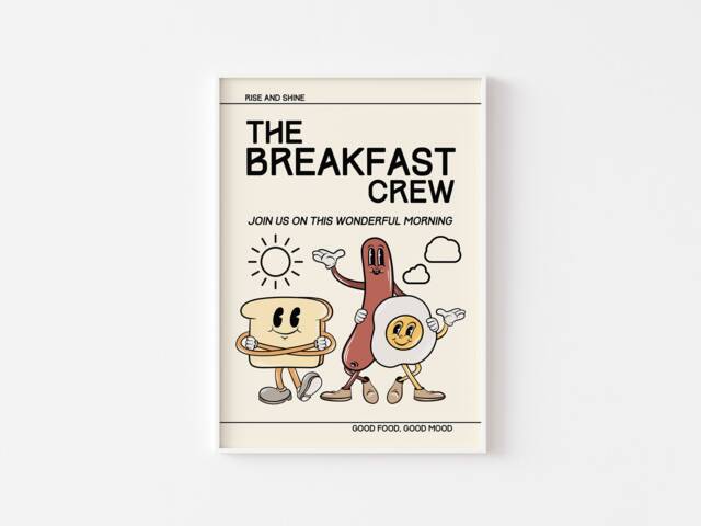 Breakfast Retro Characters Print, Fun Kitchen Mascot Cartoon, Sausage Egg Toast, Funny Mid Century, Trendy - image 1
