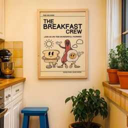 Breakfast Retro Characters Print, Fun Kitchen Mascot Cartoon, Sausage Egg Toast, Funny Mid Century, Trendy - thumbnail 3