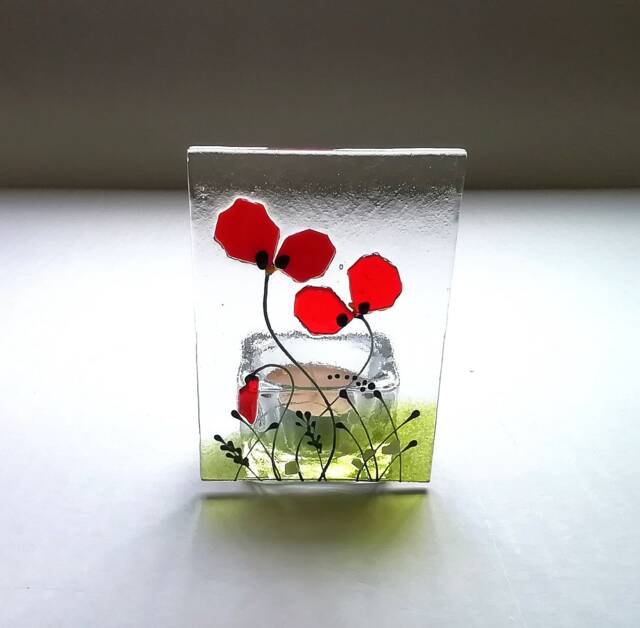 Fused Glass Poppy Tealight Holder Red Floral Candle Decor - image 1