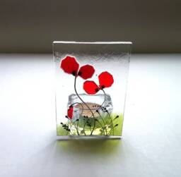 Fused Glass Poppy Tealight Holder Red Floral Candle Decor - thumbnail 1