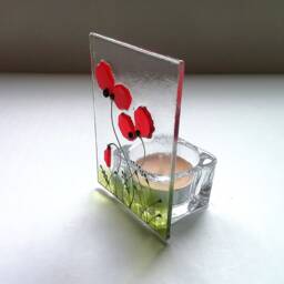 Fused Glass Poppy Tealight Holder Red Floral Candle Decor - thumbnail 2