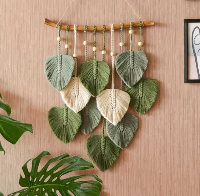 Macrame Leaf Wall Hanging, Green Art, Boho Home Decor, New Gifts, Farmhouse Mid-Century Modern L02 - image 1