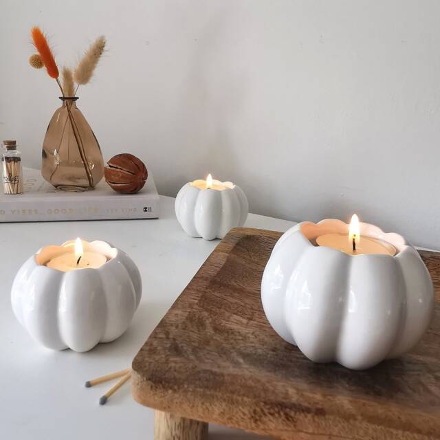 Ceramic Pumpkin White Orange Tealight Holder Autumn Home Decor For Halloween - image 1