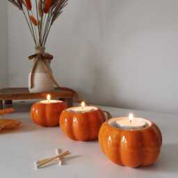 Ceramic Pumpkin White Orange Tealight Holder Autumn Home Decor For Halloween - thumbnail 2
