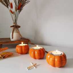 Ceramic Pumpkin White Orange Tealight Holder Autumn Home Decor For Halloween - thumbnail 3