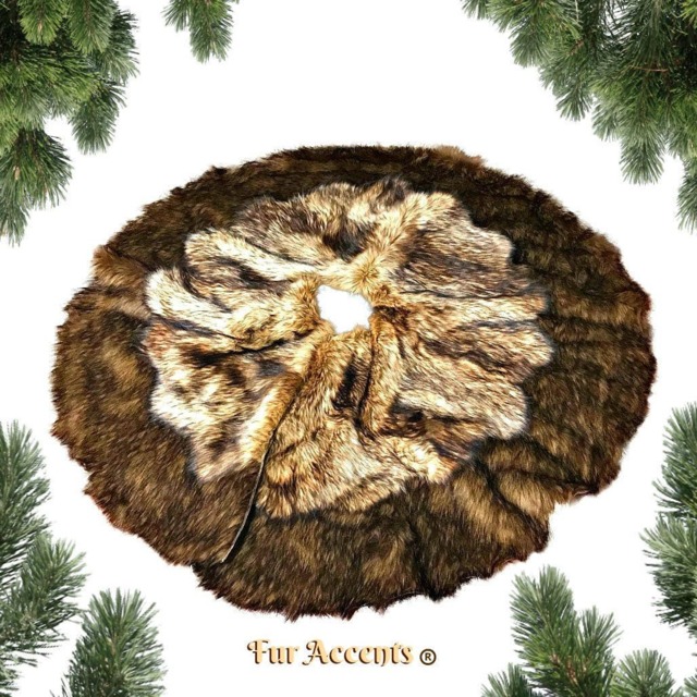 Faux Fur Christmas Tree Skirt - Golden Brown Wolf, Bear Skin Border - image 1