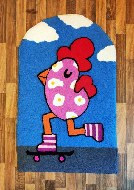 Hand Tufted Rug, Chicken On Skateboard Design, Home Decor - 130cm X 83cm - image 1