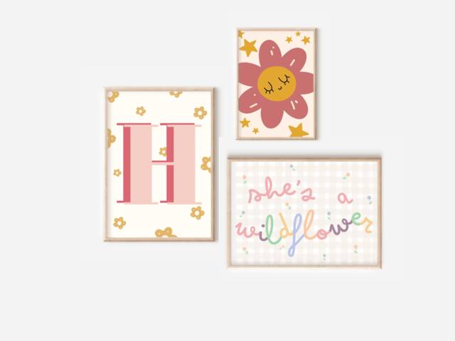 Set Of 3 Daisy & Wildflower Prints, Including A Personalised Initial - 2A4, 1 A5