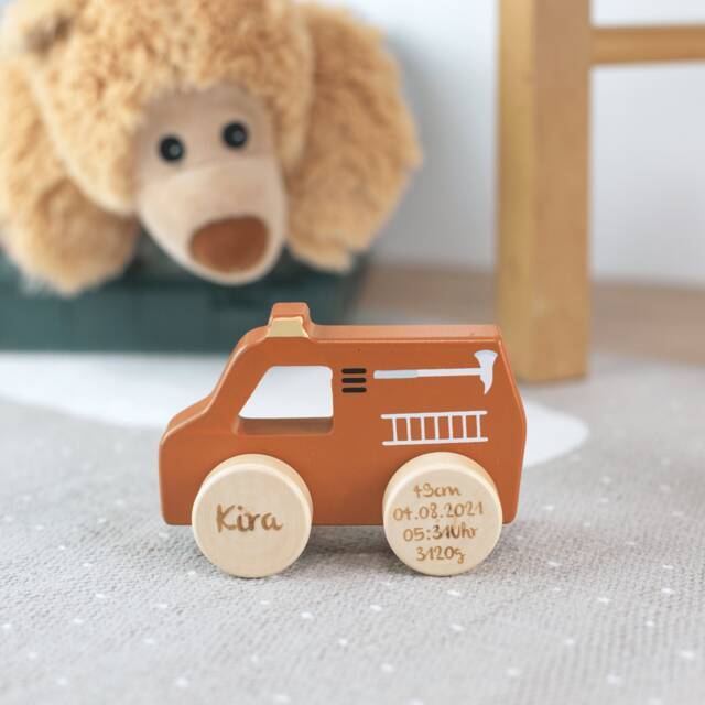 Wooden Toy Baby, Gift Birth, Wooden Car Fire Engine, Customizable - image 1